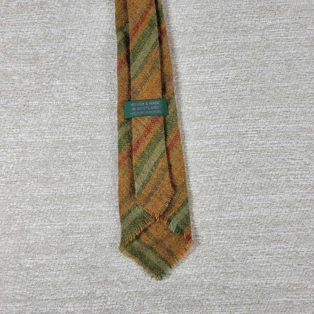 Scottish Lambswool Skinny Tie 100% Pure New Wool Raw Fringe Hem Striped Orange